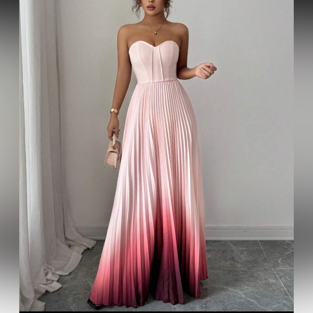 Strapless Ombre Pleated Maxi Dress - Pink